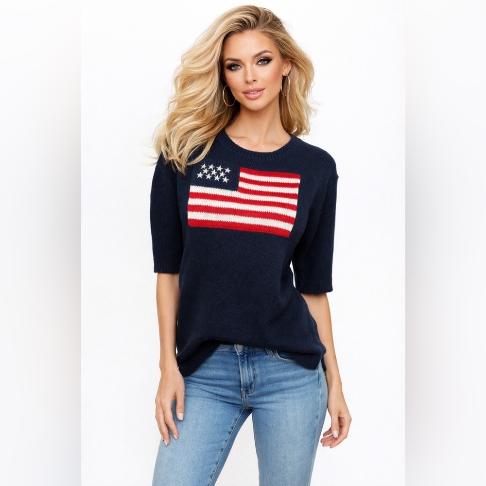 Cervelle American Flag Knit Americana Sweater Short Sleeve Top Size Medium